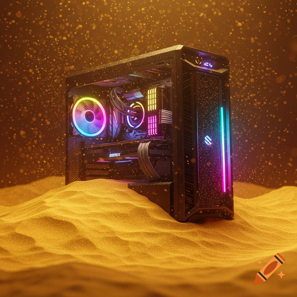 A photorealistic gaming PC case with vibrant RGB lighting, half-buried in golden sand with glittering particles in the air.