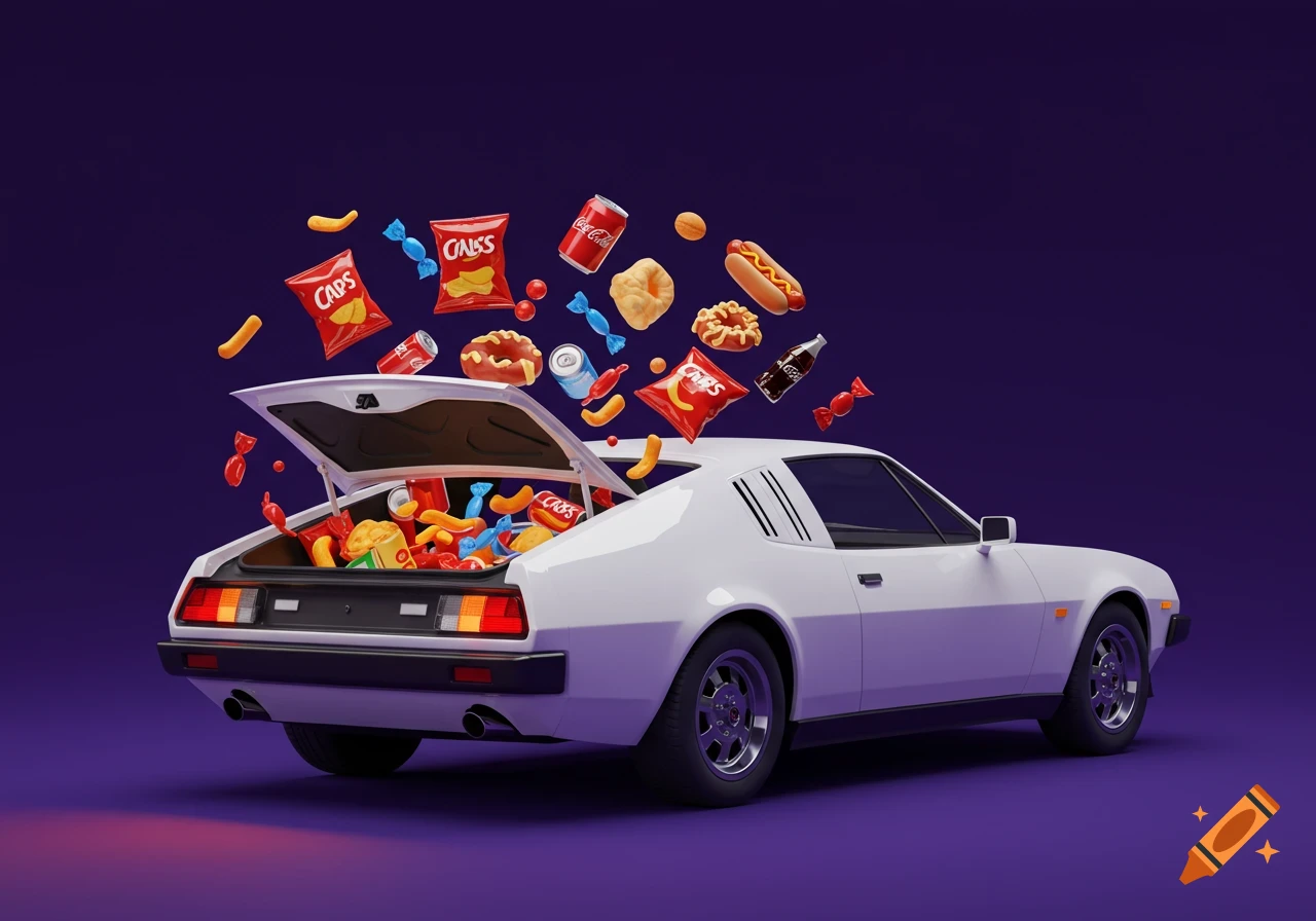 A white sports car with its trunk open, spilling and floating cartoon-style snacks like chips, hot dogs, donuts, candy, and soda cans against a dark purple background.