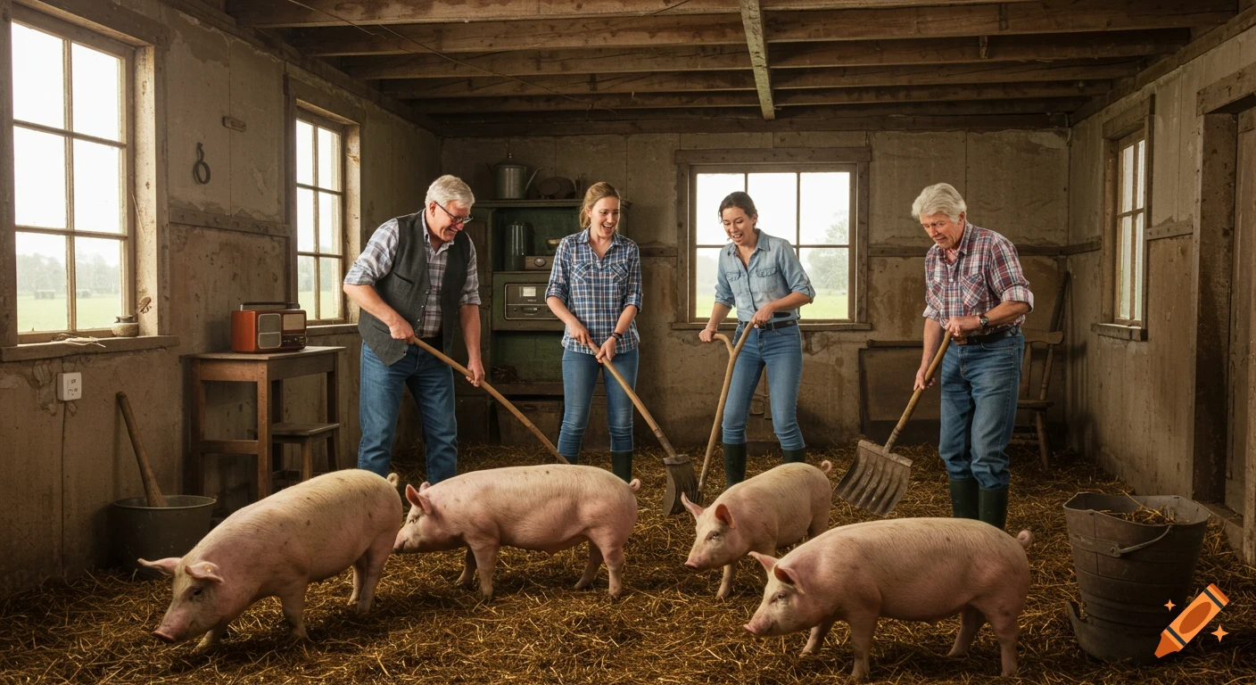 Four people and four pigs in a rustic barn, standing on hay and holding shovels under natural light.