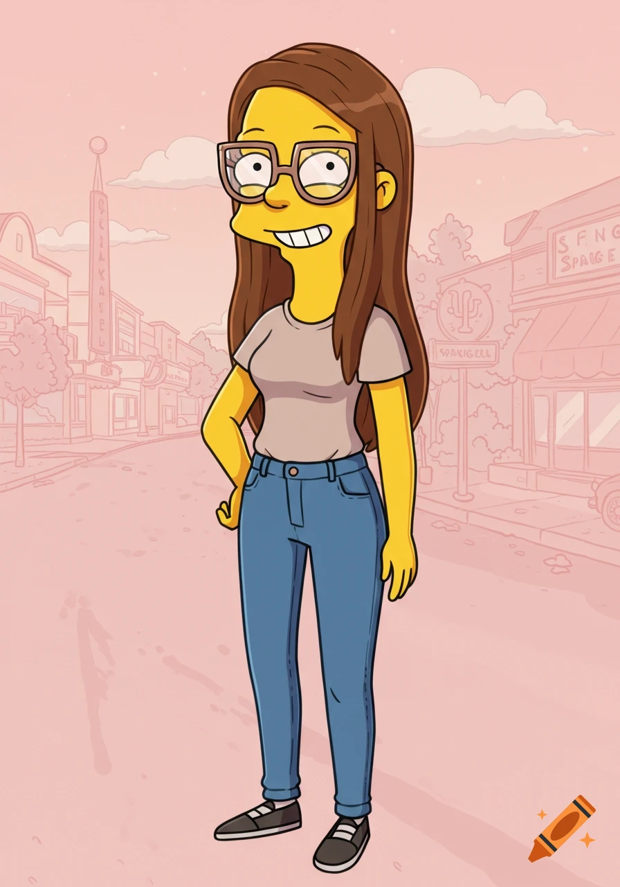 A yellow-skinned woman with long brown hair and glasses, wearing a t-shirt and jeans, stands smiling on a cartoon city street in The Simpsons style.