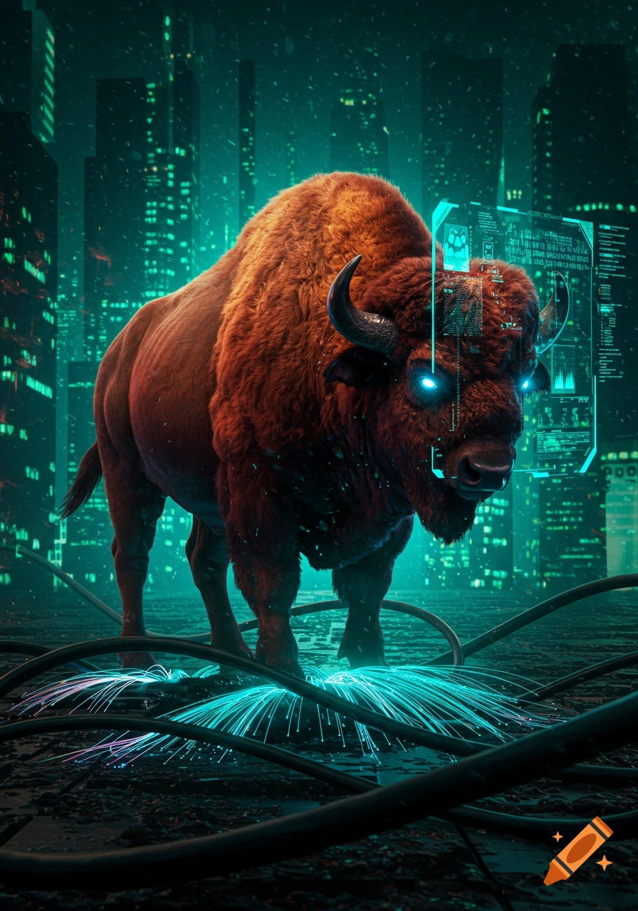A majestic red-brown buffalo with glowing blue eyes stands in a neon-green cyberpunk city, surrounded by glowing cables and a holographic interface.