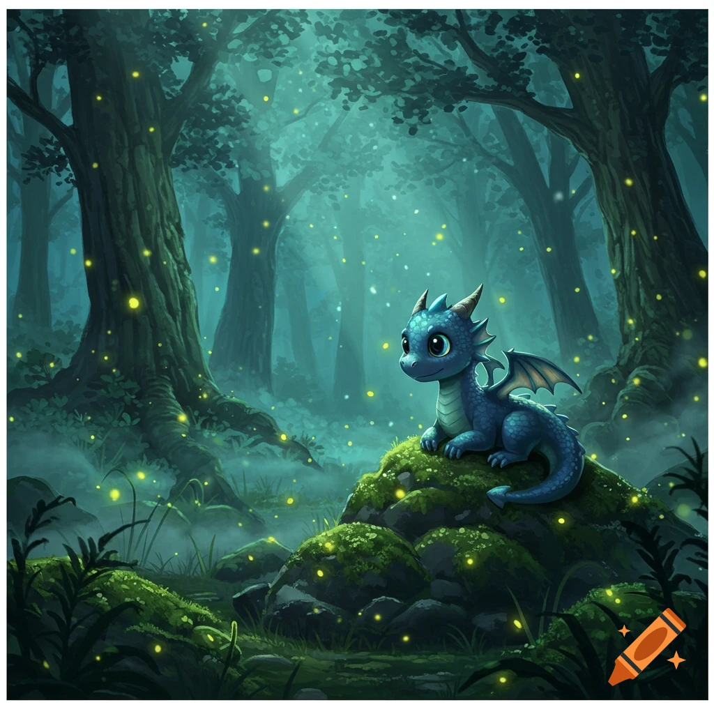 A cute blue baby dragon with big eyes sits on a mossy rock in a mystical, dark forest with glowing fireflies.