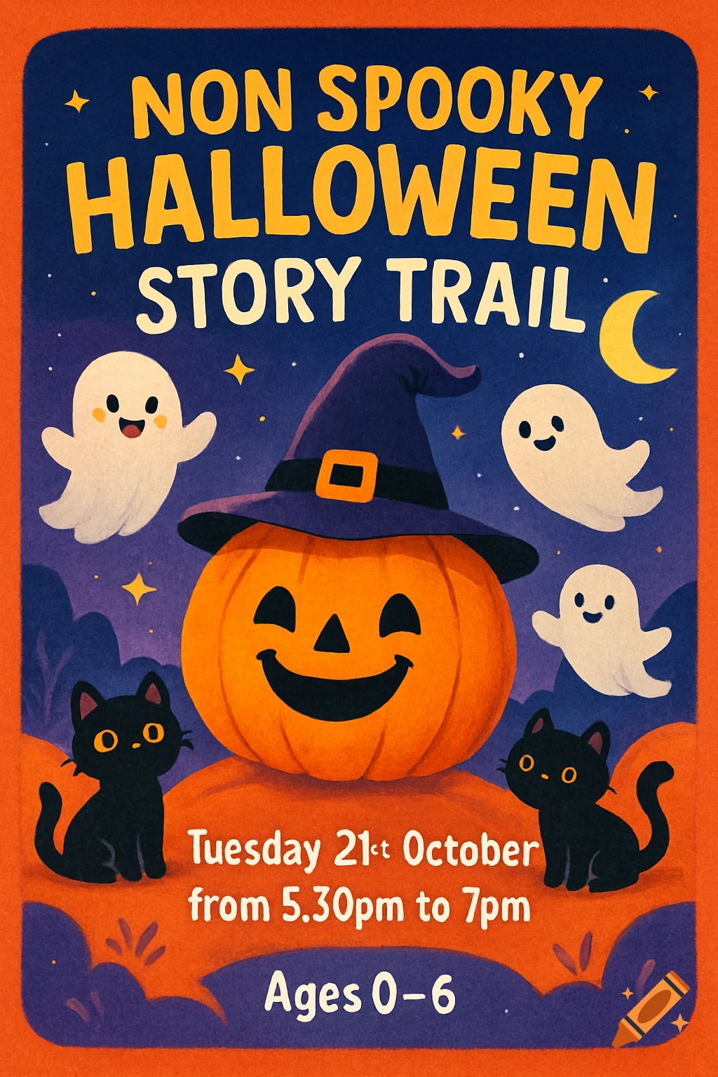 A vibrant, friendly Halloween event poster with a pumpkin, witch hat, ghosts, and black cats for a children's story trail.