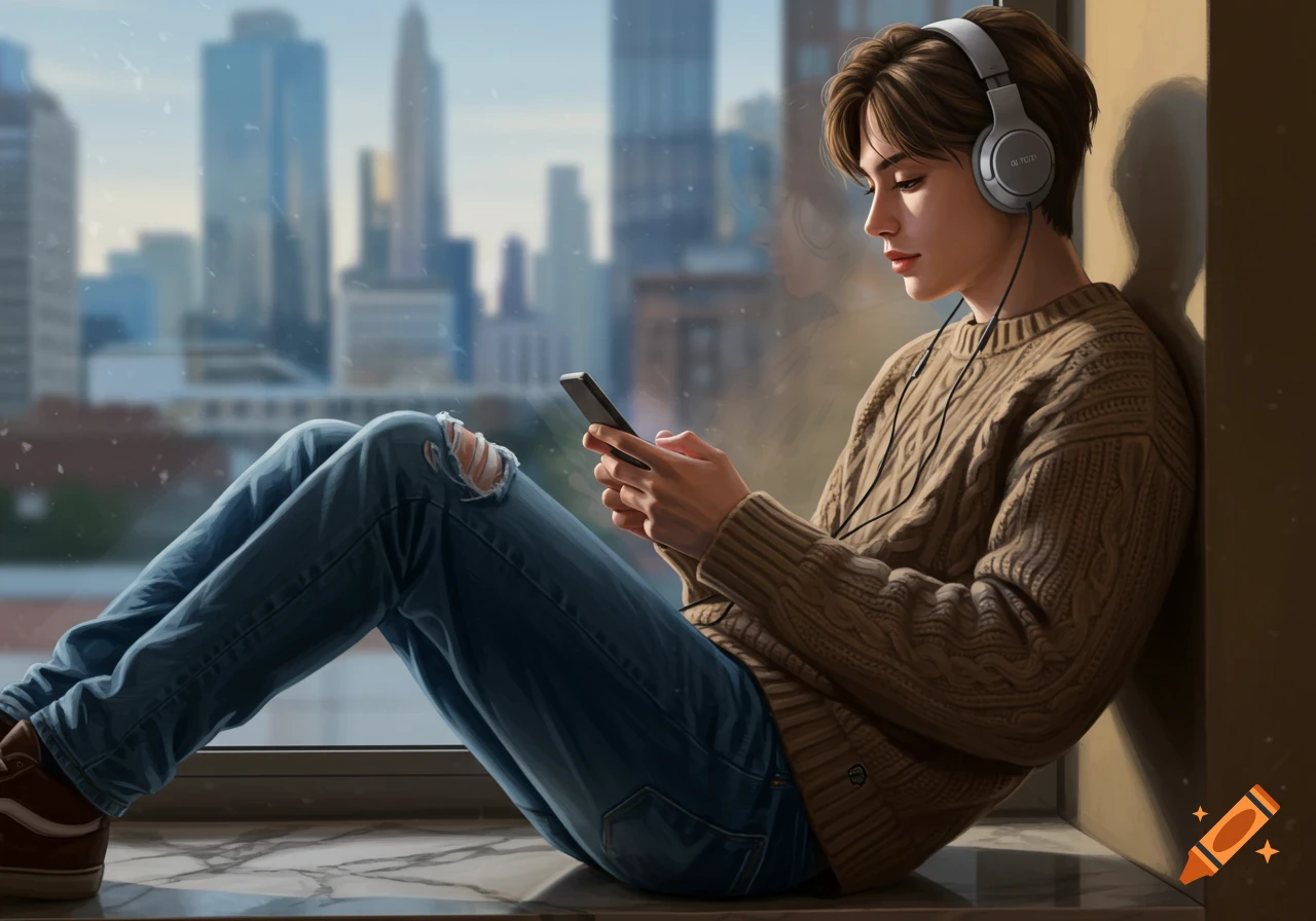 A young person with headphones looks at a smartphone by a window overlooking a city skyline, digital art.