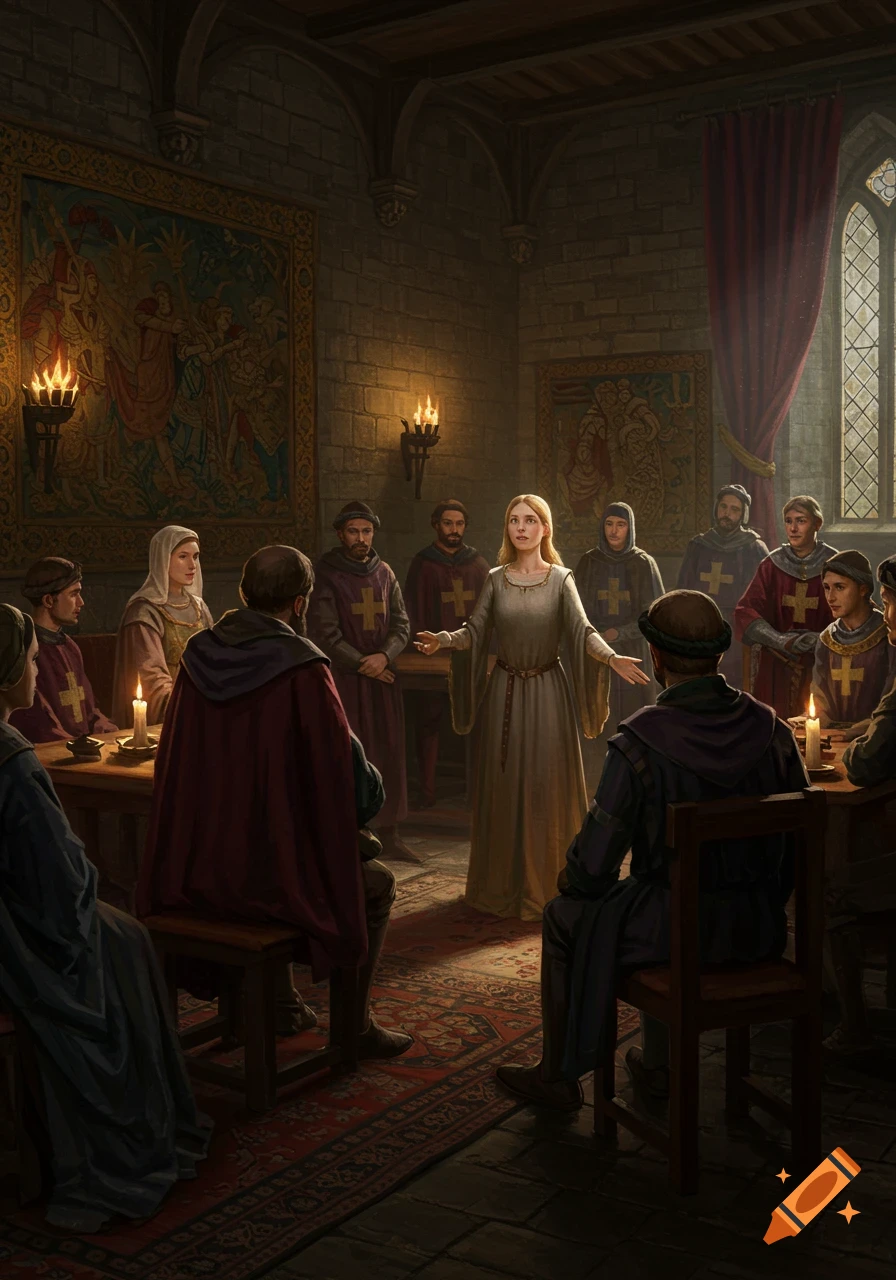 A young woman in a medieval dress addresses a group of men in a stone castle room with tapestries and torch sconces.