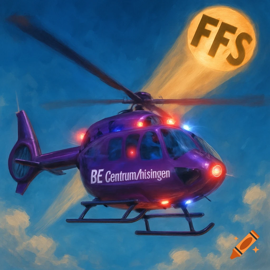 A purple helicopter with glowing lights flies in a painted style, projecting "FFS" with a searchlight into a blue sky.