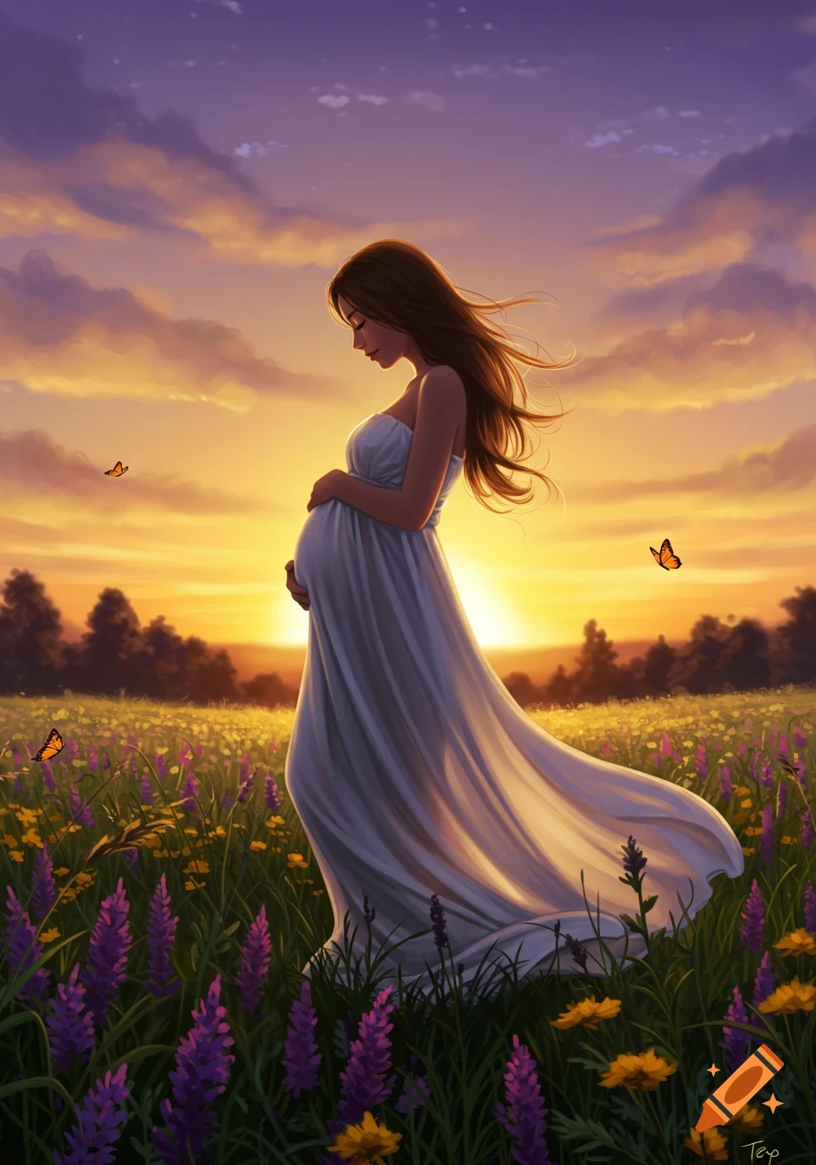 A pregnant woman in a flowing white dress stands in a field of purple and yellow flowers at sunset, her hands on her belly. Digital art.