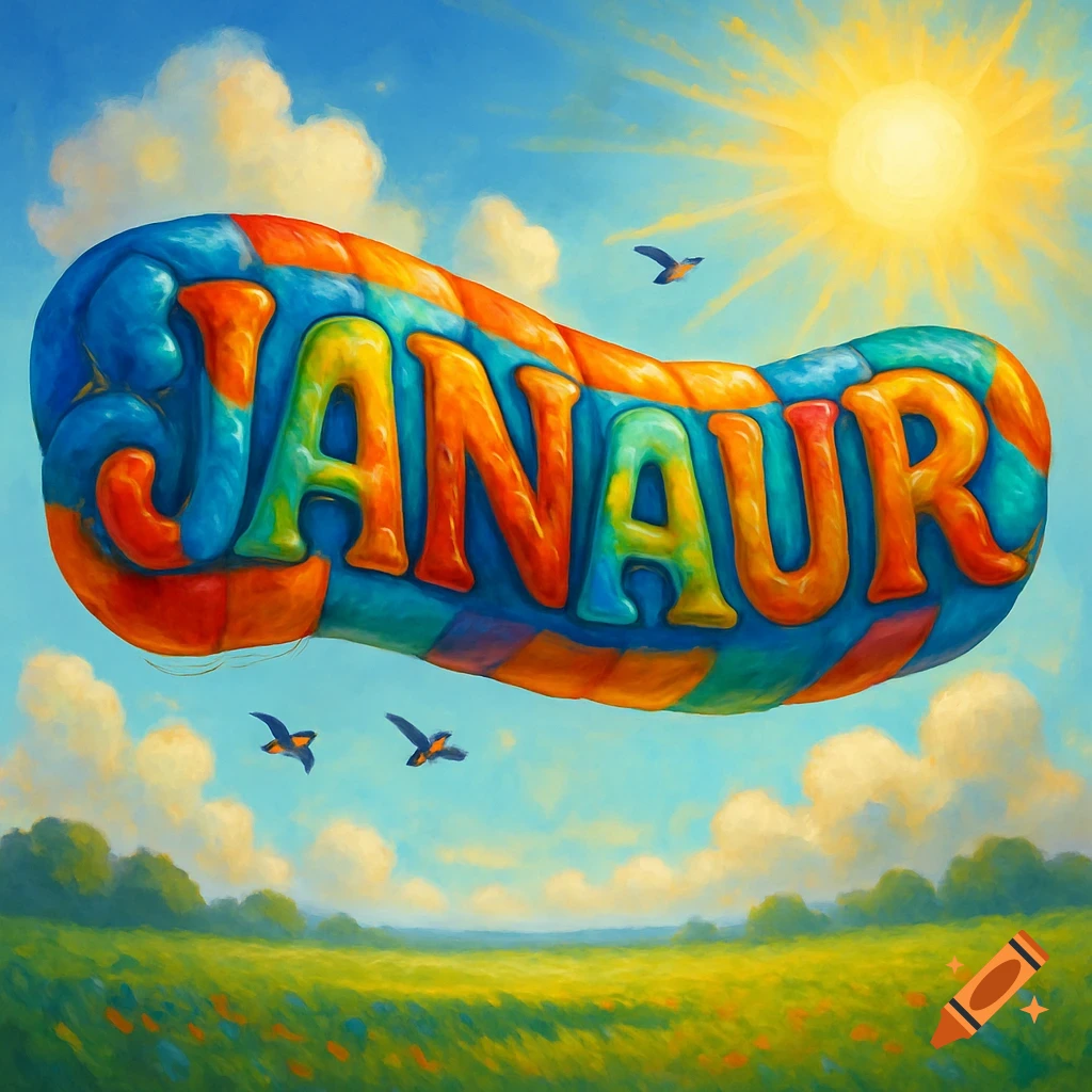 A vibrant, painterly illustration of a colorful balloon banner with the word "JANAUR" floating in a sunny blue sky above a green field with birds.
