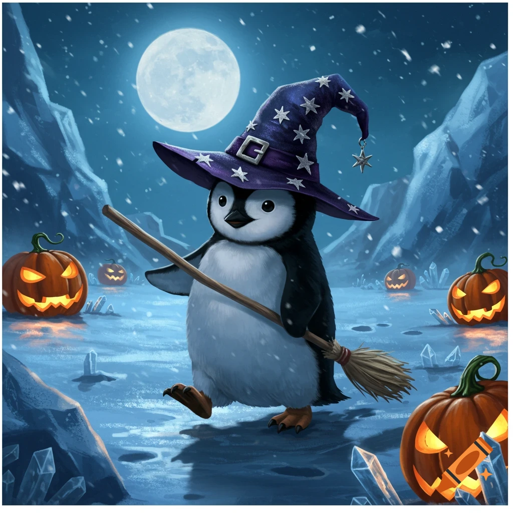 A cheerful cartoon penguin dressed as a witch, holding a broom, walks on a snowy night with glowing jack-o'-lanterns under a full moon.