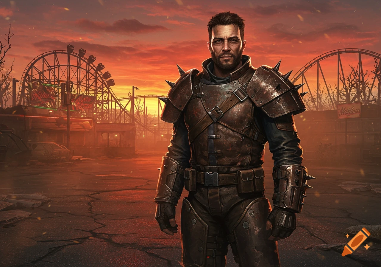 A rugged man in spiked leather and metal armor stands in a ruined amusement park with a Ferris wheel and roller coaster under an orange sky.
