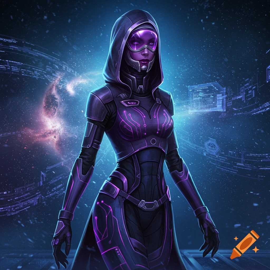 A hooded female sci-fi character in dark purple and black futuristic armor with glowing neon circuits, standing in a cosmic digital space.