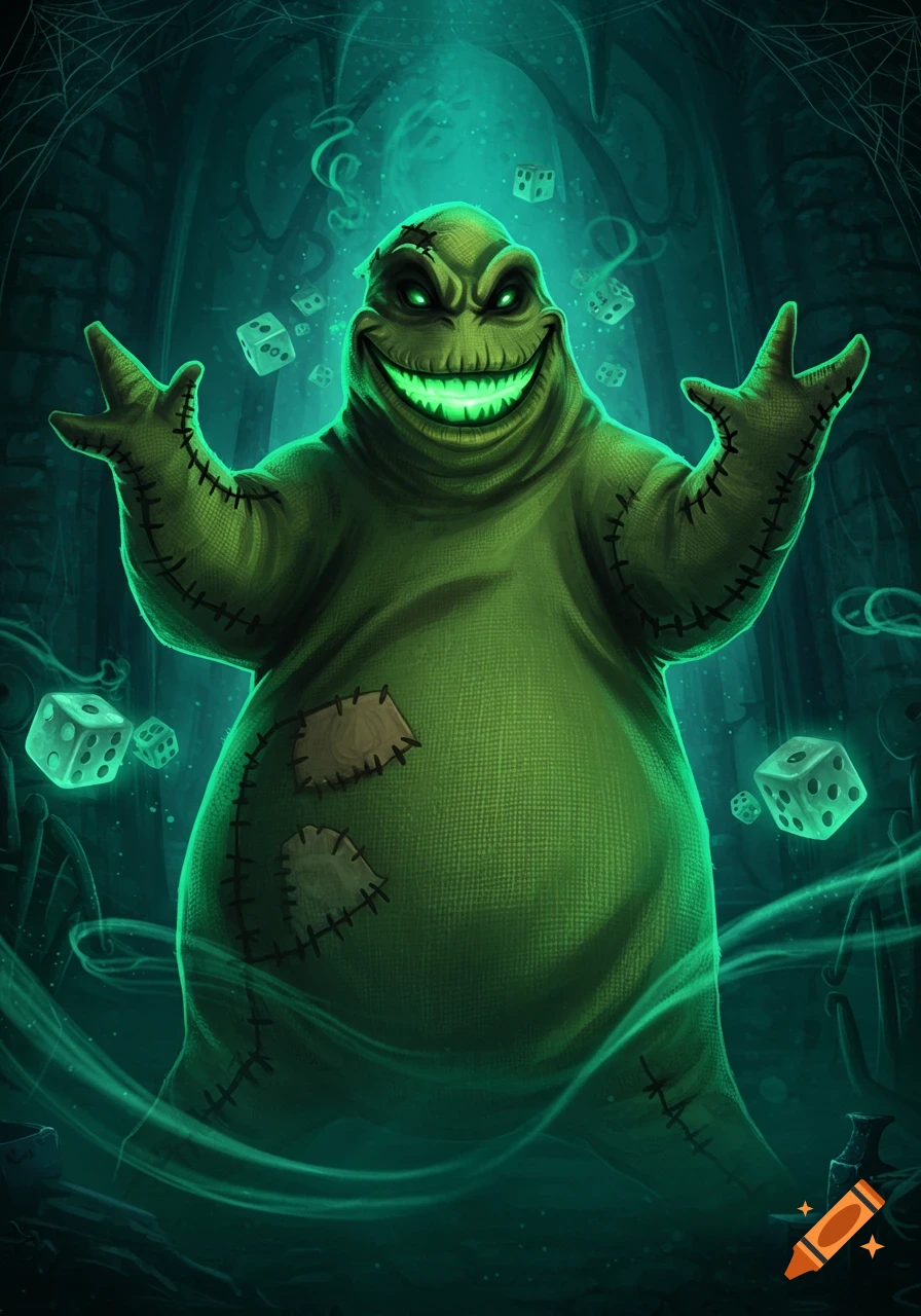 Oogie Boogie, a large green burlap sack monster with glowing green eyes and a wide, glowing green smile, stands with arms raised. He is surrounded by floating, glowing green dice, in a dark, cavernous setting with spiderwebs.