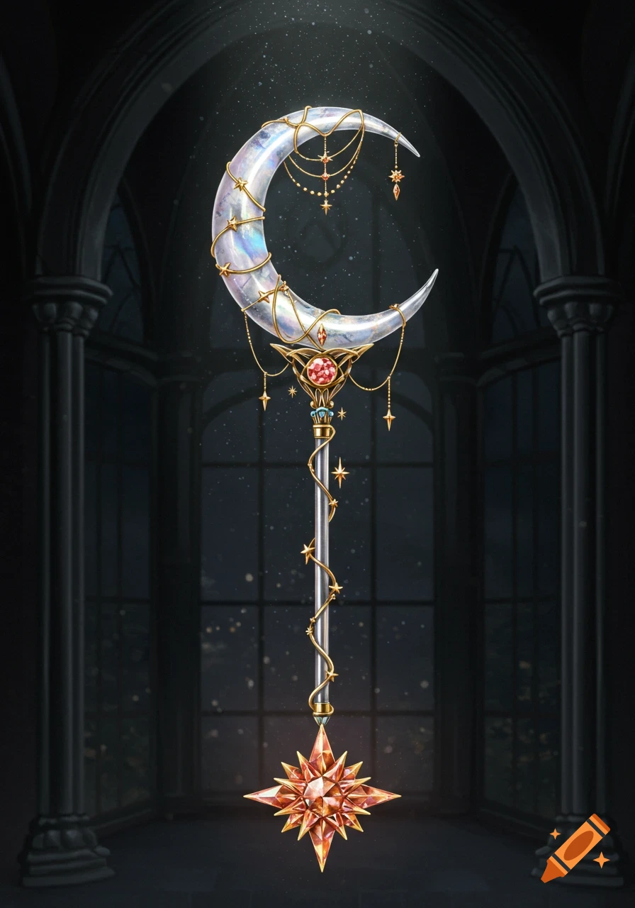 A magical staff with an iridescent crescent moon, gold stars, and a glowing red crystal star base, against a dark gothic window.