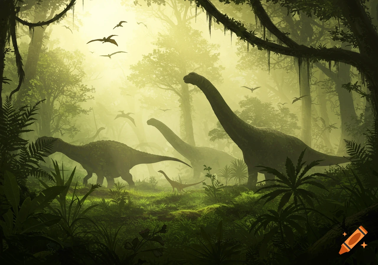 Silhouetted dinosaurs walk and fly through a dense, misty jungle with sunlight filtering through the trees.