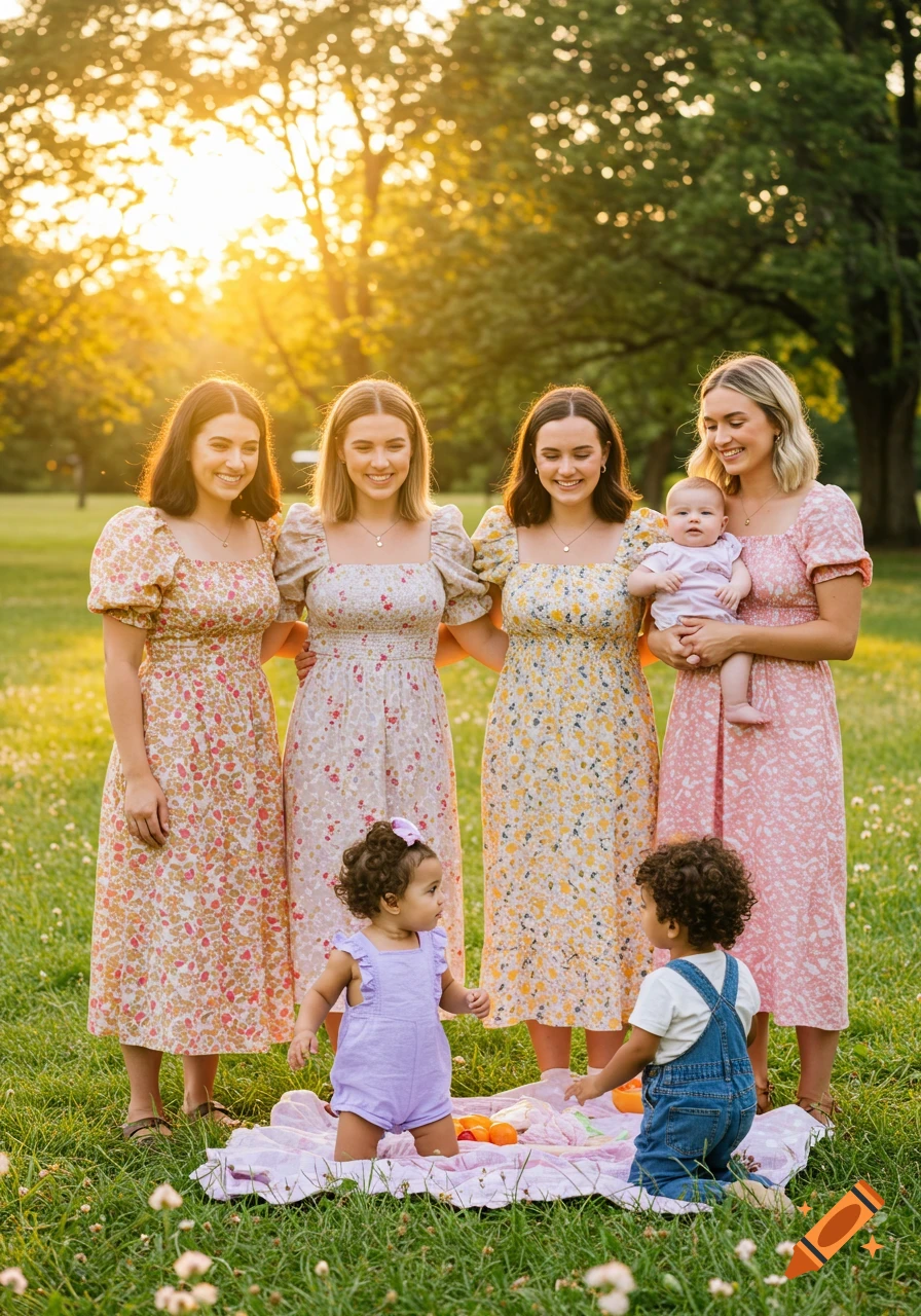 Four women and three children pose in a grassy park at sunset, two toddlers on a blanket in the foreground. Photorealistic.