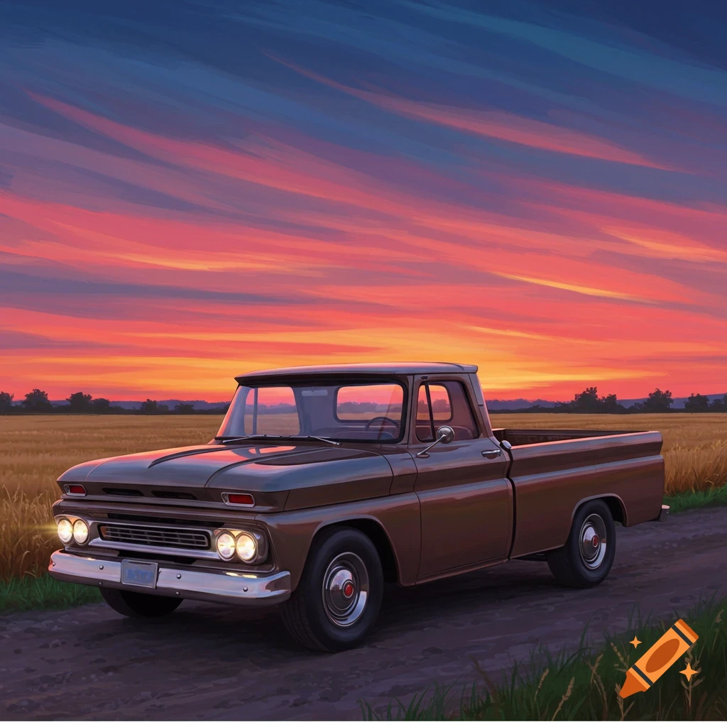 A brown classic pickup truck sits on a dirt road in a golden field under a vibrant orange and purple sunset sky, in a stylized painting.