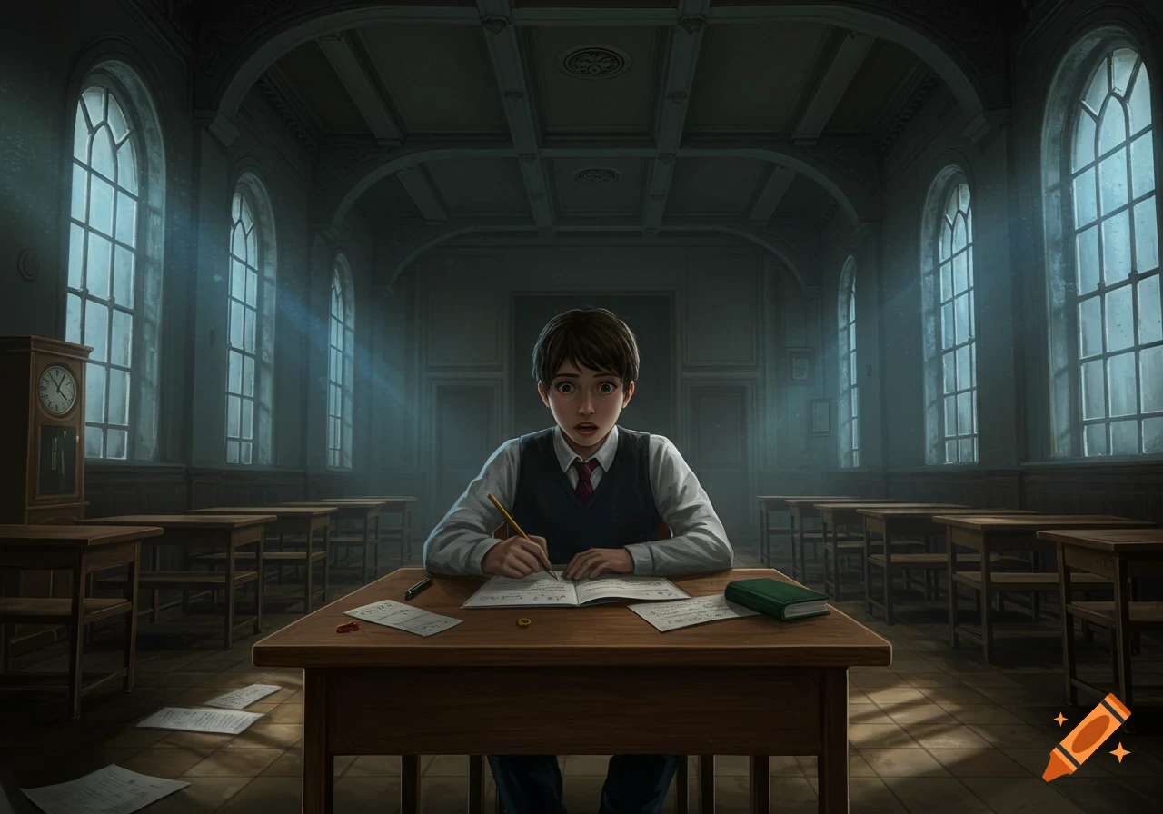 A young boy with wide eyes looks scared while taking a test at a desk in a dimly lit, old-fashioned classroom, writing in a notebook.