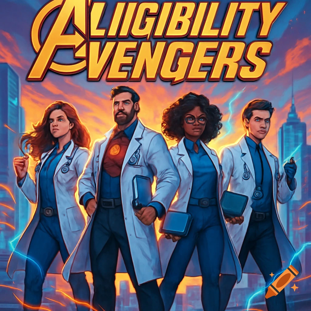 Four diverse doctors in lab coats and blue scrubs pose heroically against a sunset cityscape with lightning, titled 'ELIGIBILITY AVENGERS' in comic art style.