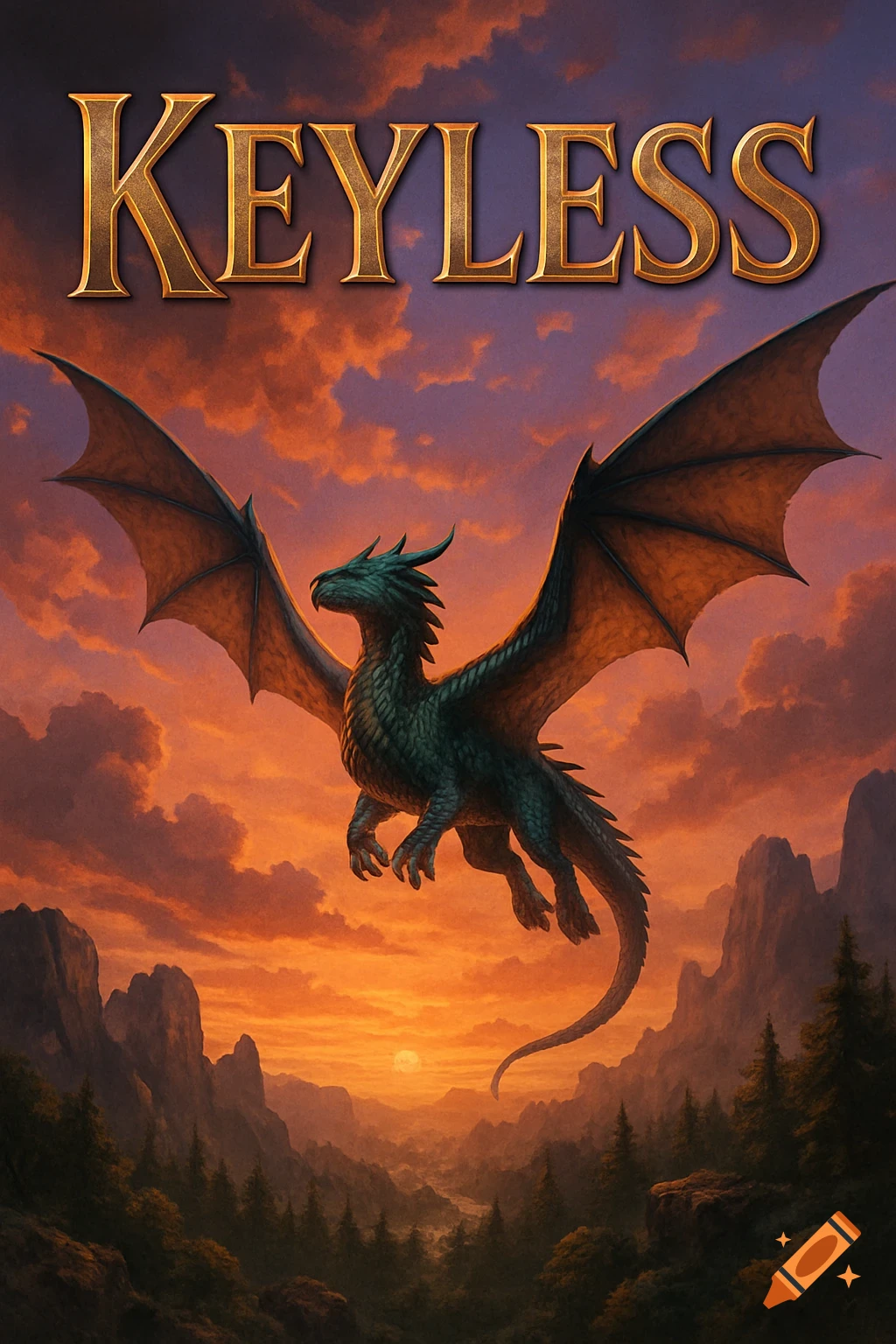 A green dragon soars with outstretched wings above a mountainous forest landscape bathed in an orange and purple sunset, with 'KEYLESS' at the top.