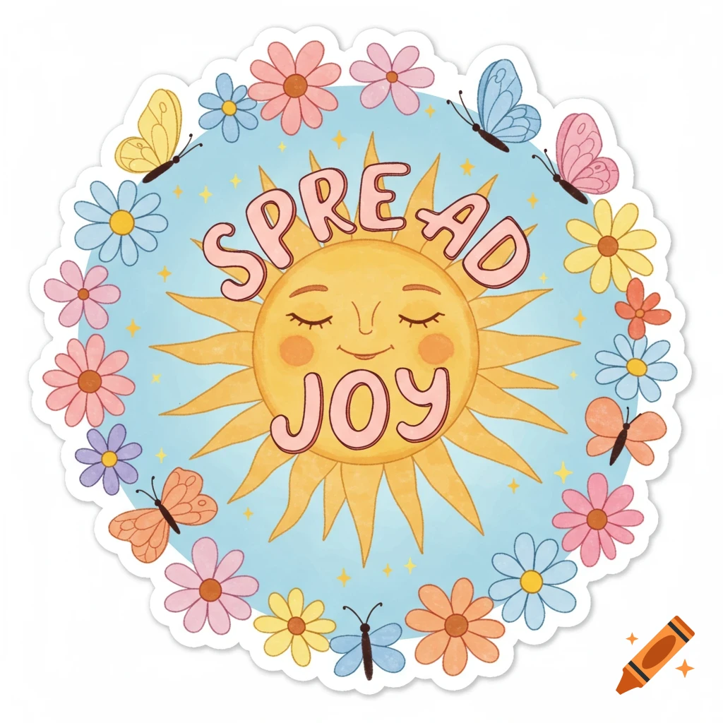 A cheerful circular sticker design with a smiling sun, "SPREAD JOY" text, surrounded by colorful flowers and butterflies on a blue background.