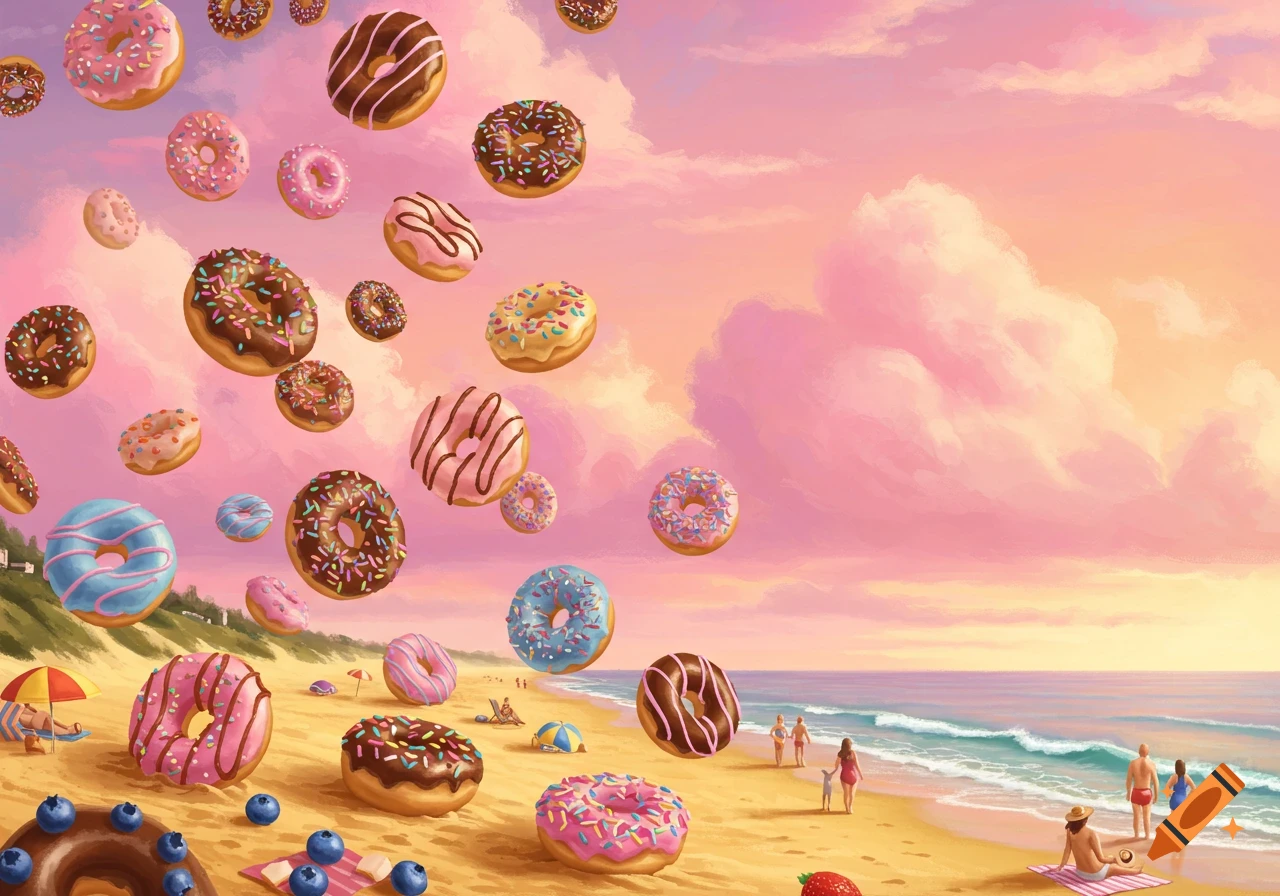 Vibrant illustration of numerous colorful donuts raining onto a sandy beach with people, ocean, and a pink-orange sunset sky.