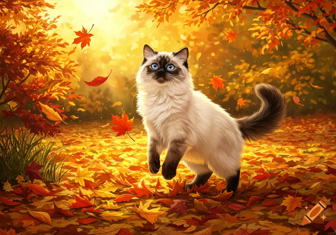 Fluffy Ragdoll cat with bright blue eyes stands amidst vibrant golden and red autumn leaves in a sunny forest.