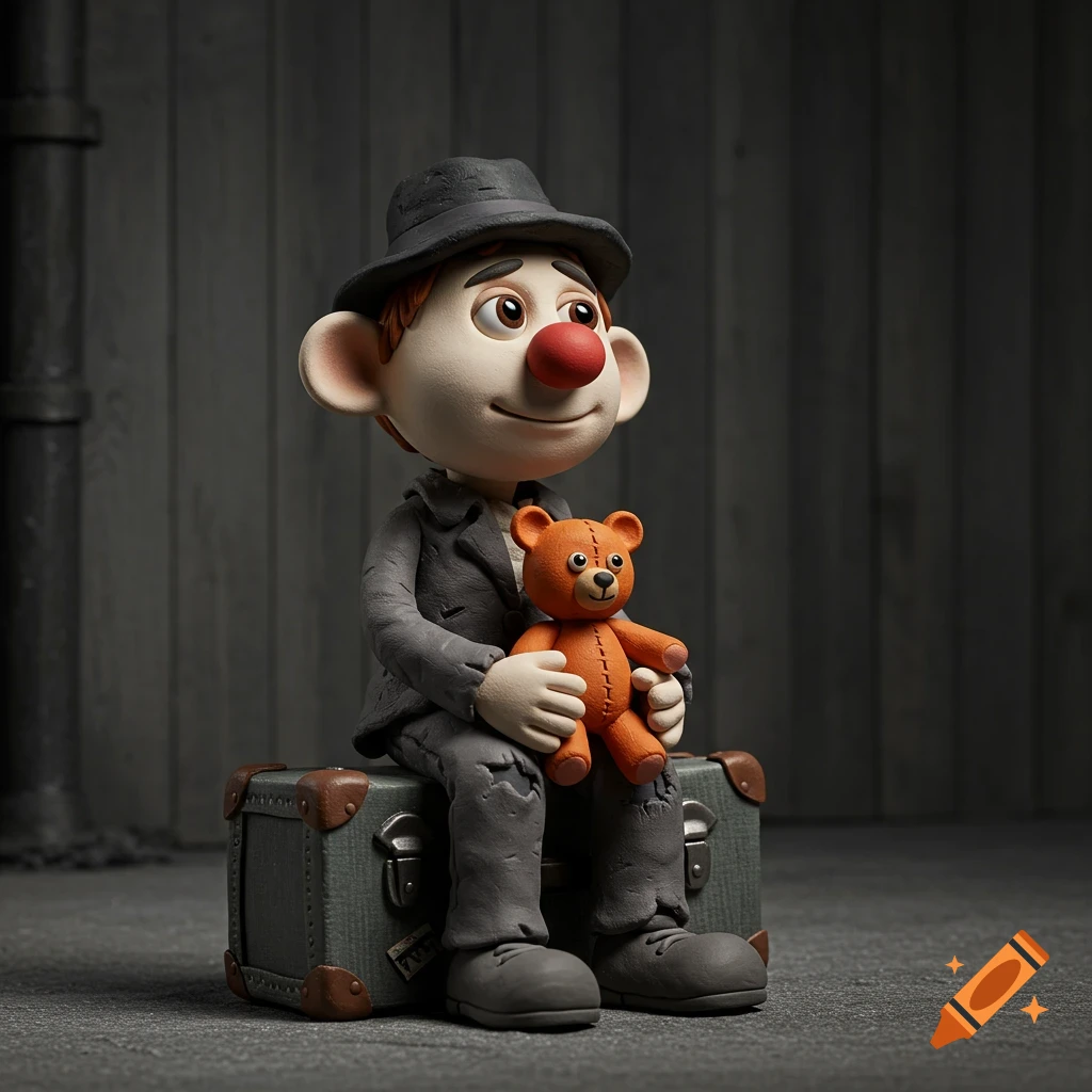 A claymation character with a large head, red nose, and worn grey clothes sits on an old suitcase, holding a small orange teddy bear.