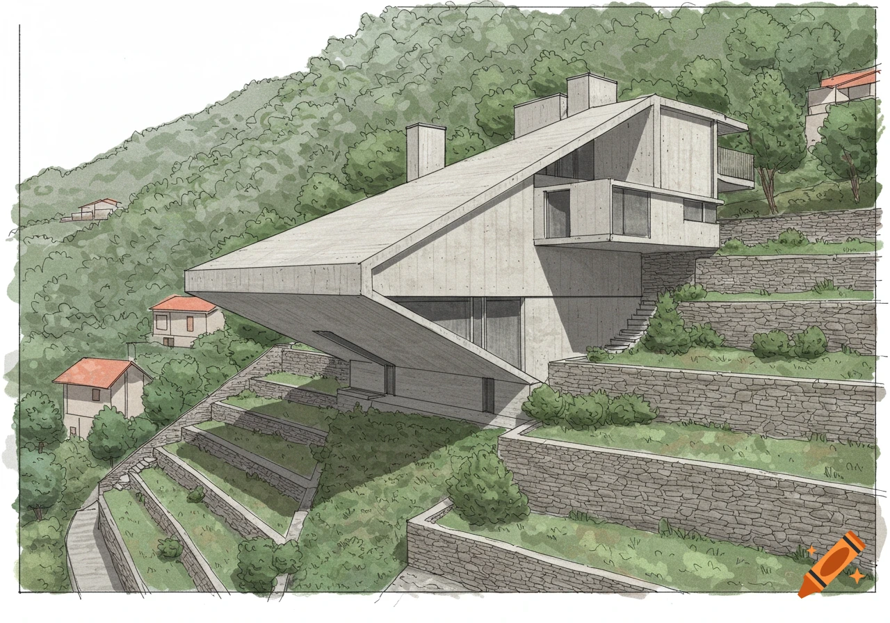 An architectural sketch of a minimalist concrete house with a sloped roof on a terraced, tree-covered hillside.