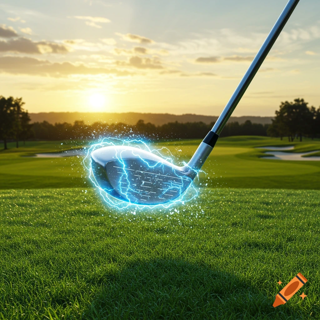 A golf club head glows with blue electrical energy over lush green grass on a golf course at sunset.