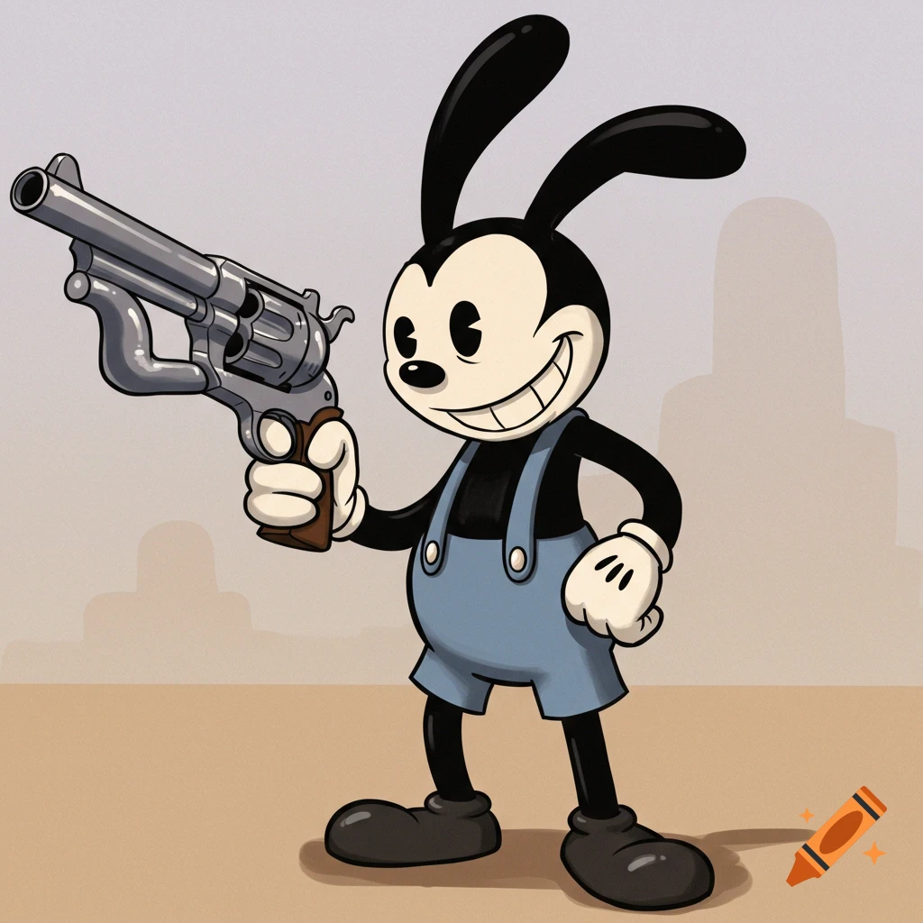 A smiling black and white retro cartoon rabbit character in overalls holds a large silver revolver.