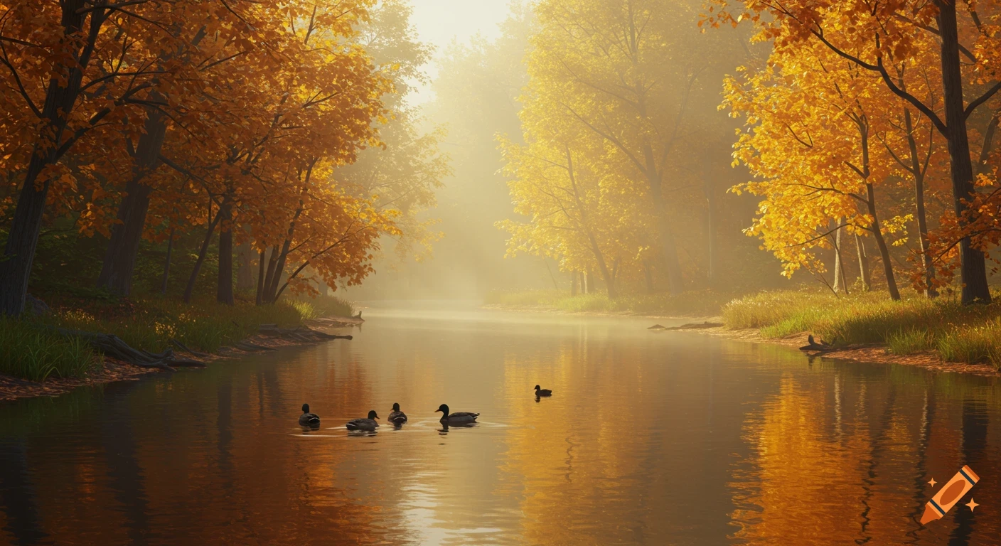Photorealistic autumn river scene with golden trees lining the banks and ducks swimming in the misty, reflective water.