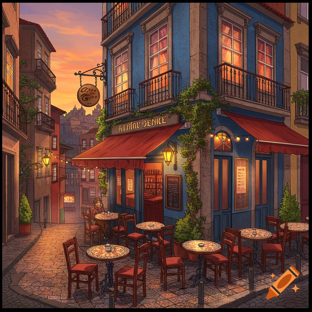 An illustrated street scene with a blue corner cafe, red awning, outdoor tables, and a person sitting at dusk.