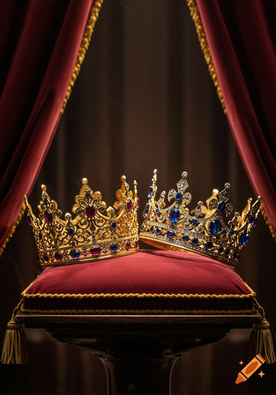 Two ornate gold crowns with sparkling blue and red jewels sit on a plush red velvet cushion, framed by draped red curtains.