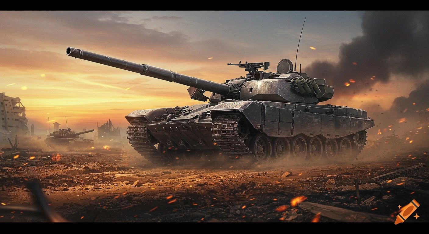 A large military tank with a long barrel sits in a fiery, war-torn city landscape at sunset, with a second tank in the distance.