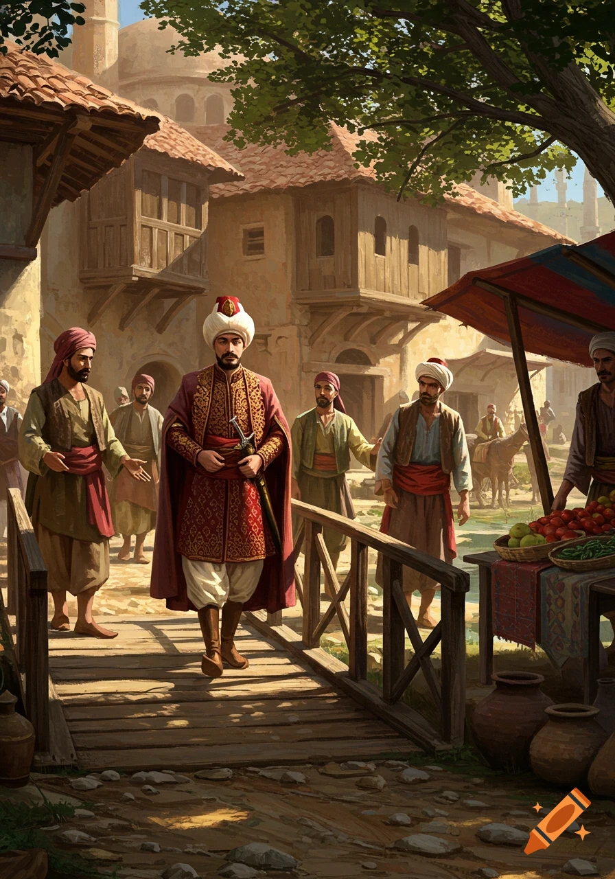 An elaborately dressed man walks on a wooden bridge through a sunny Ottoman-era village market with villagers and market stalls.