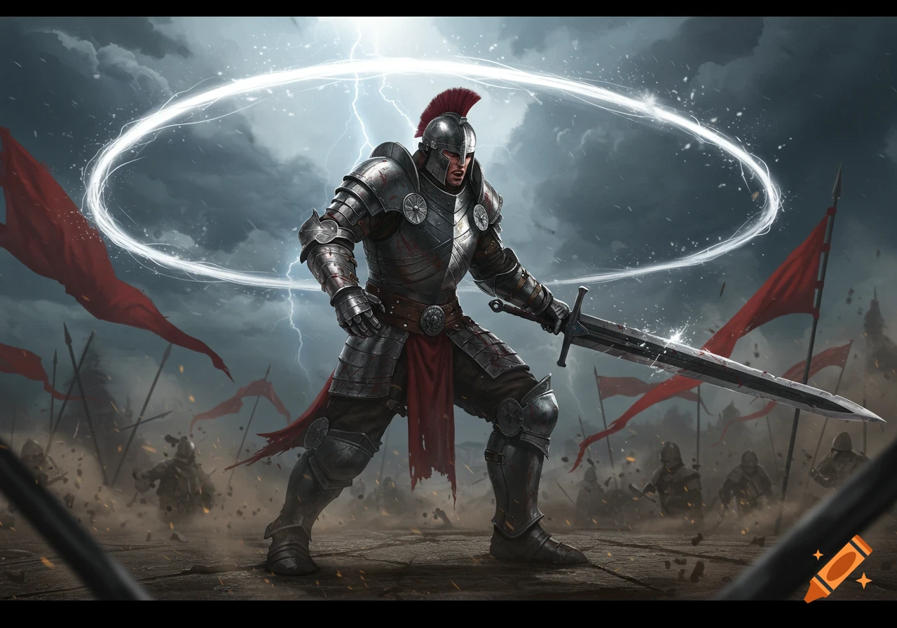 A knight in ornate armor holds a large sword on a stormy battlefield with lightning and red flags.