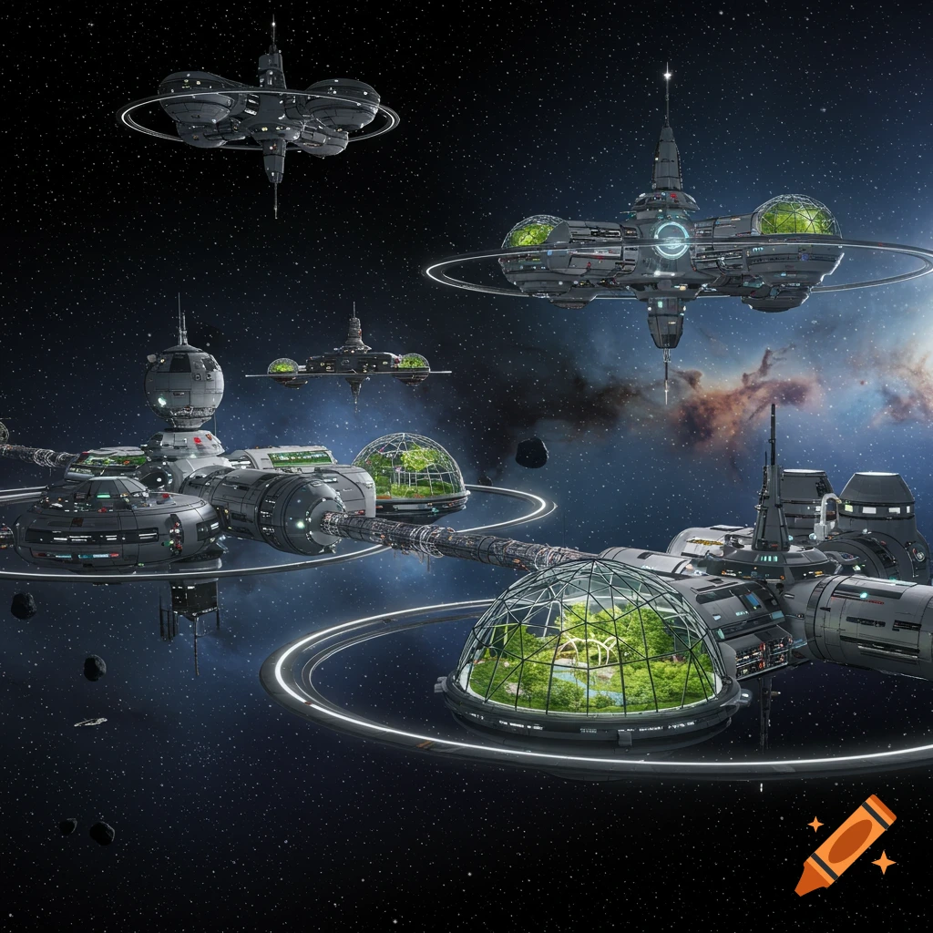 Multiple detailed futuristic space stations with transparent green biodomes float in deep space with a distant nebula.