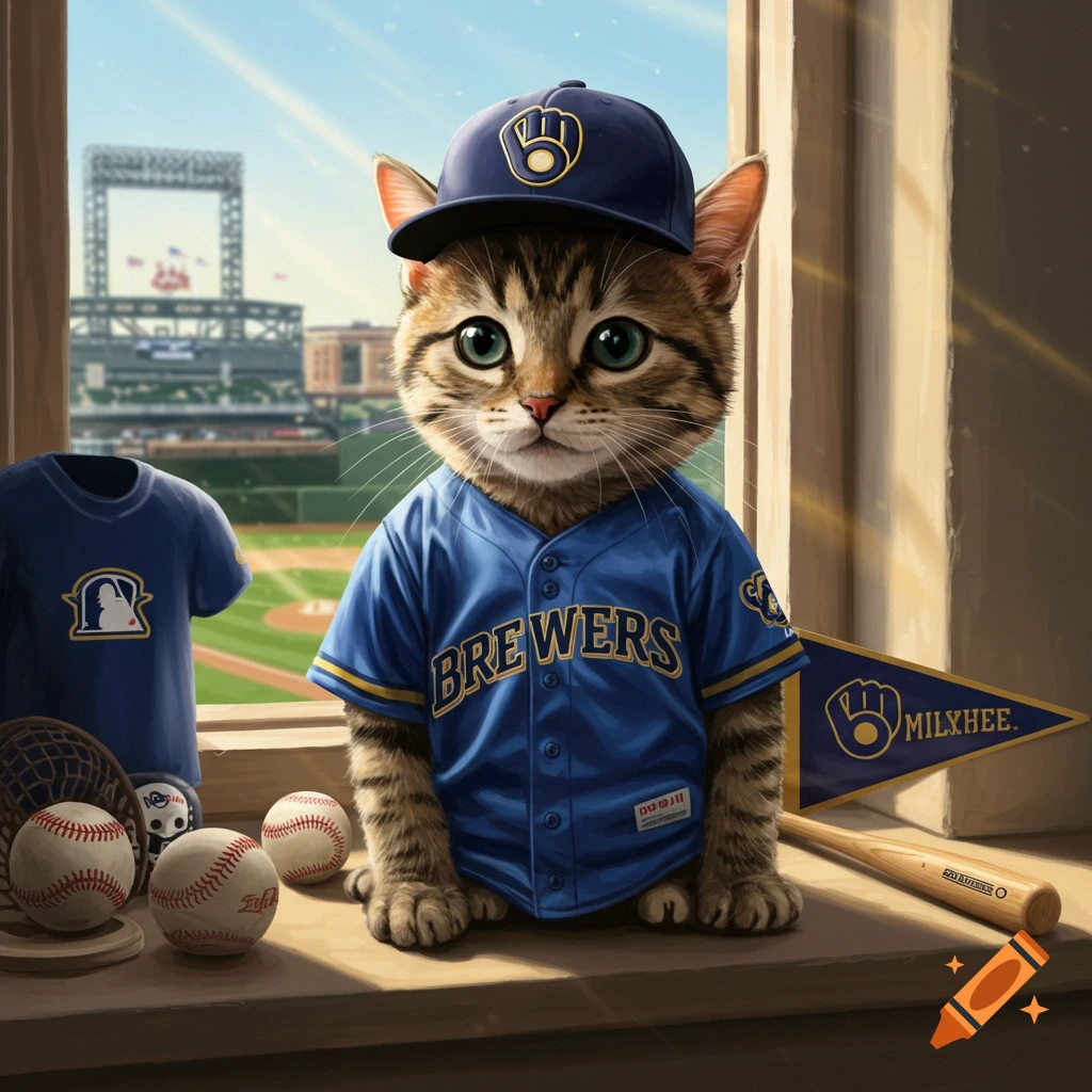 A cute tabby kitten wearing a blue Milwaukee Brewers baseball uniform and cap sits on a window sill with baseballs and a stadium in the background.