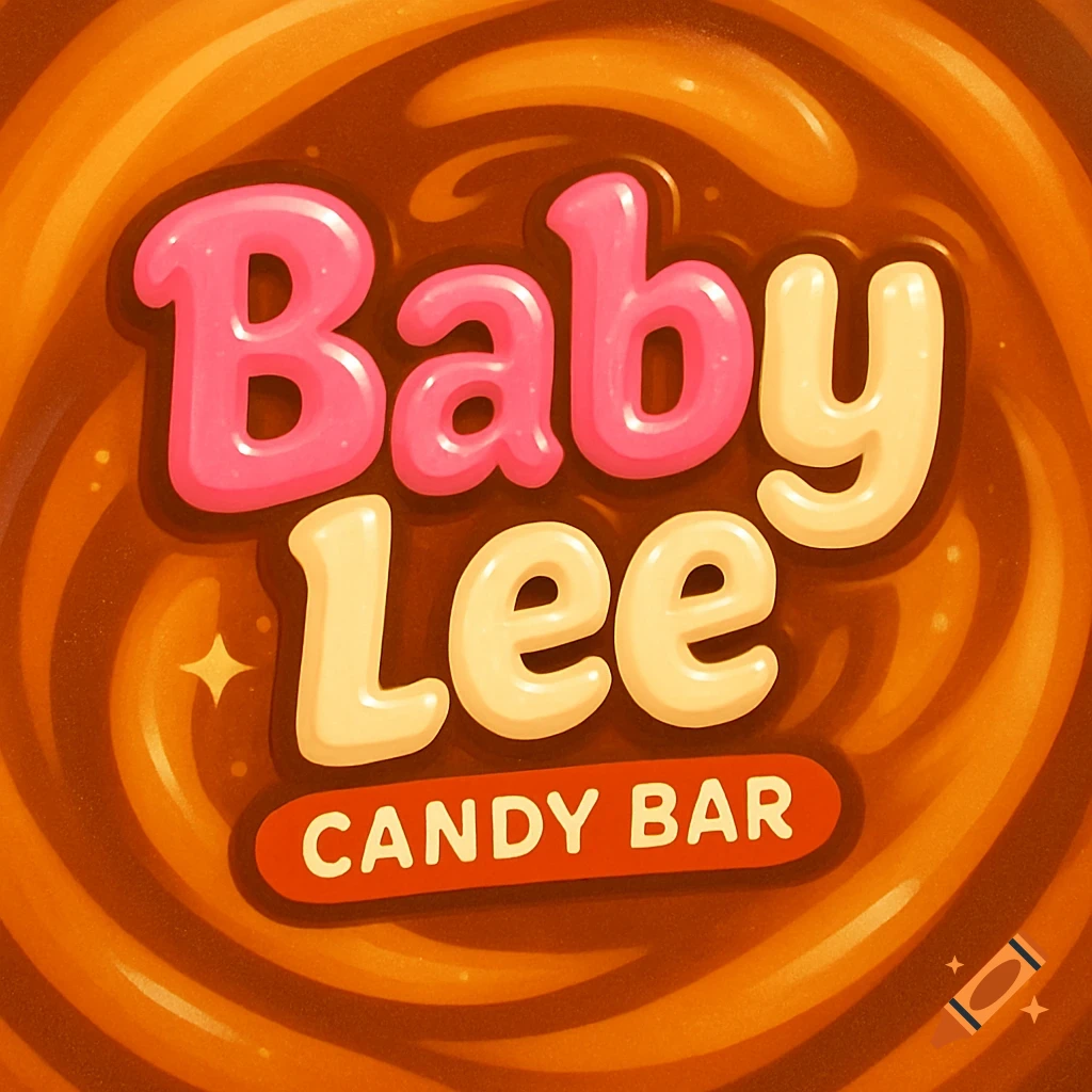 Baby Lee candy bar logo with pink and cream letters on a swirling caramel background.