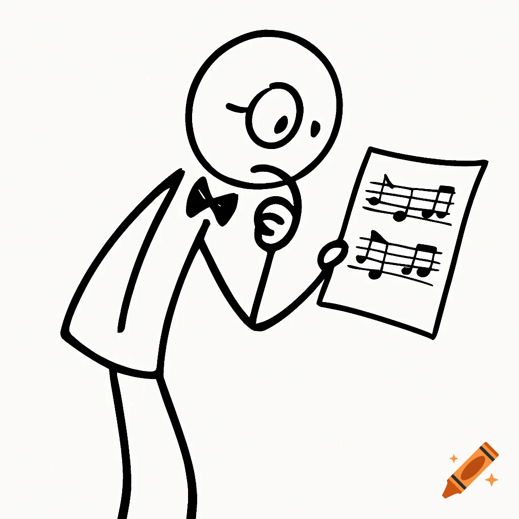 Simple black and white drawing of a stick figure in a bow tie and monocle intently reading a music sheet.