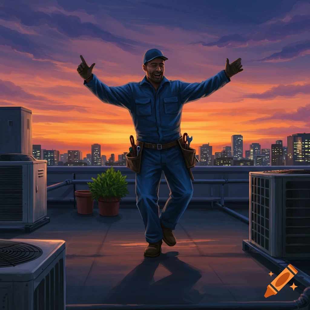 An HVAC technician celebrates with arms raised, dancing on a city rooftop at sunset, in an illustrated style.
