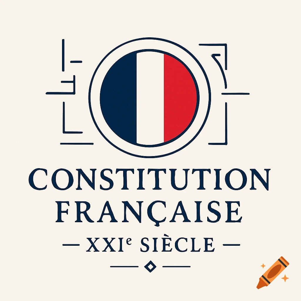 Logo featuring a circular French flag (blue, white, red) with blueprint-style lines, and text 'CONSTITUTION FRANÇAISE XXI0 SI8CLE' in a classic font.