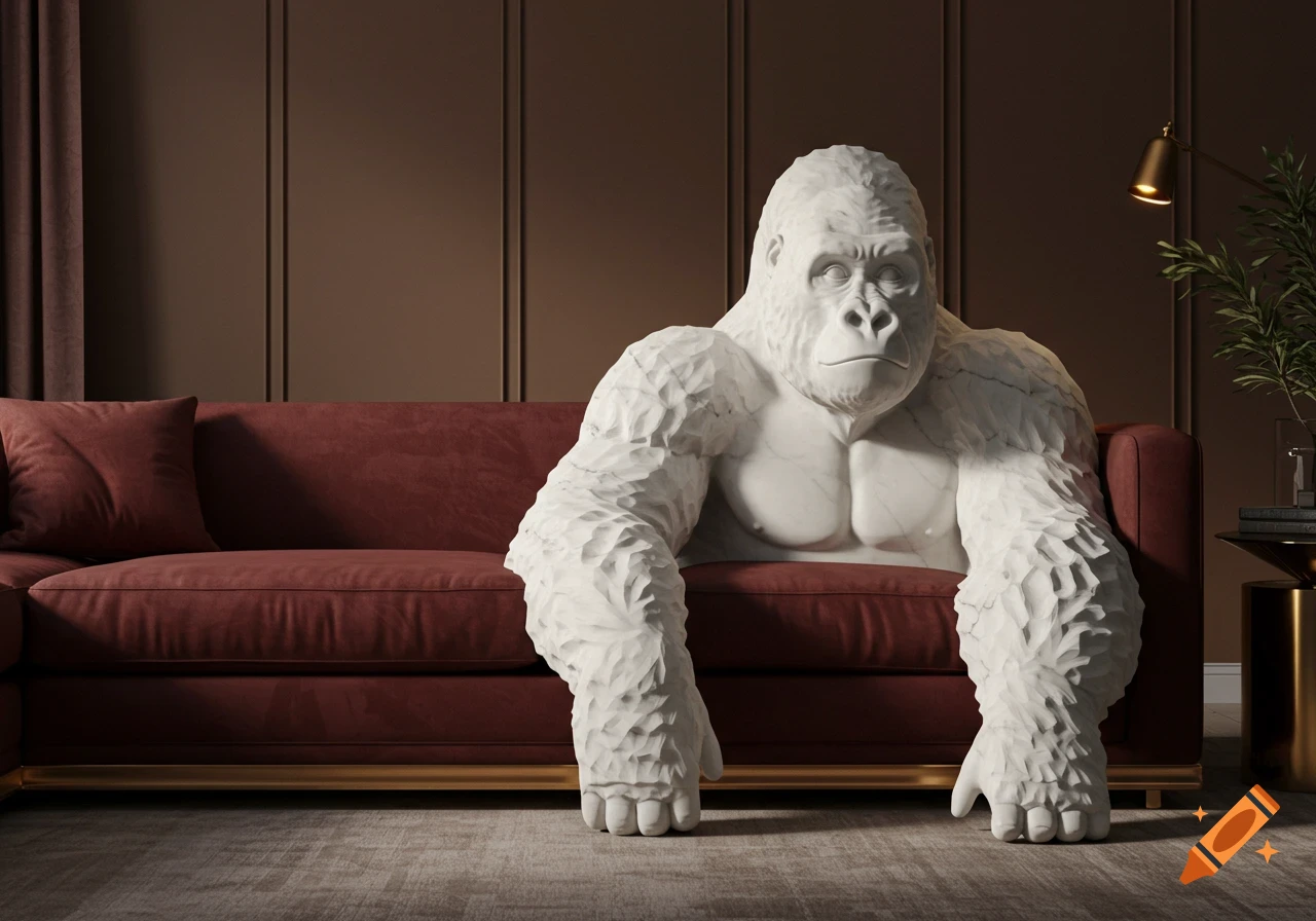 A photorealistic white marble gorilla statue sitting on a red velvet sofa in a modern room.