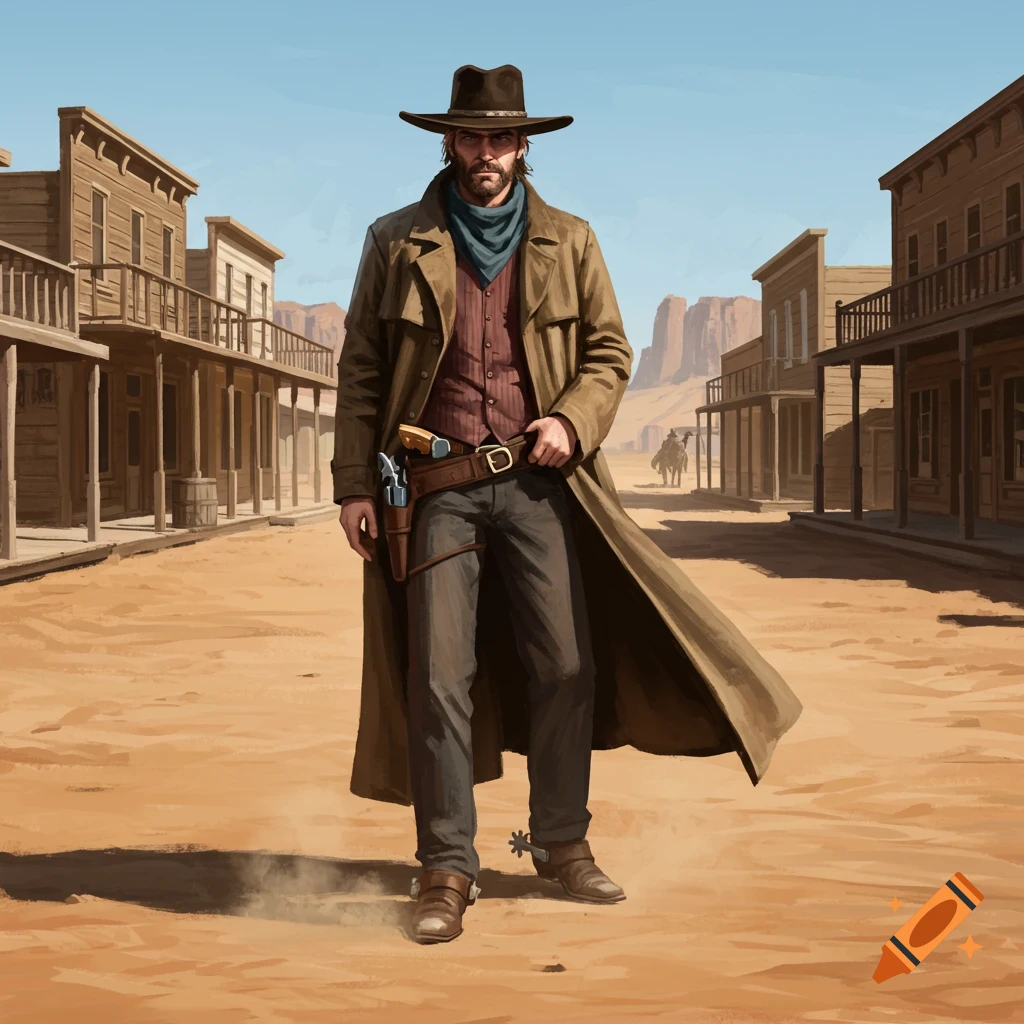 A rugged cowboy in a long coat and hat stands in a dusty Old West town street with wooden buildings.