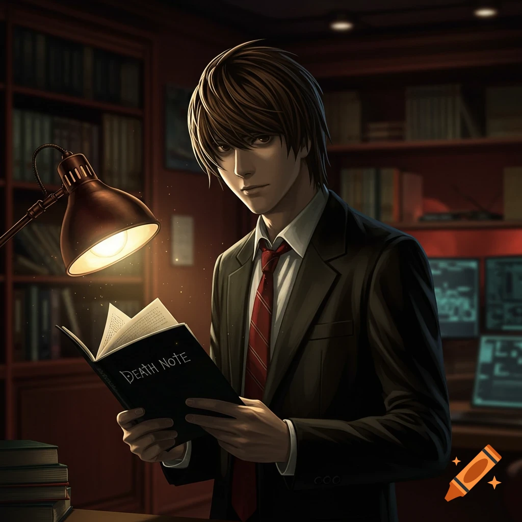 Anime Light Yagami in a suit reading "DEATH NOTE" book under a lamp in a dimly lit study.