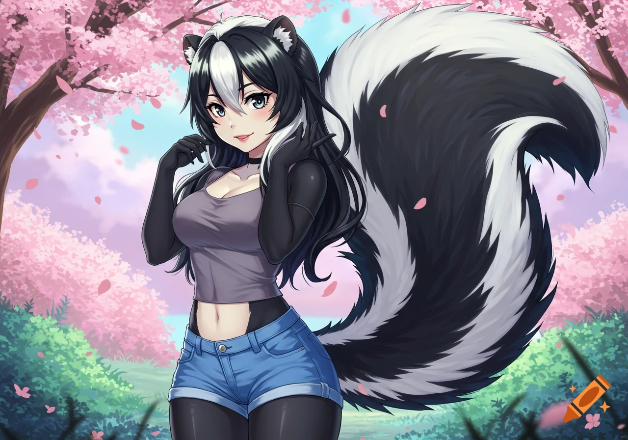 Anime skunk girl with a large black and white striped tail standing under cherry blossom trees, smiling at the viewer.