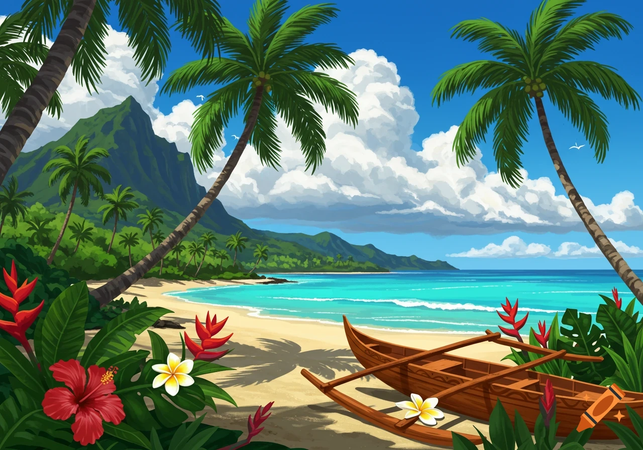 Vibrant illustration of a tropical beach with turquoise water, palm trees, mountains, and a traditional wooden canoe on the sand.