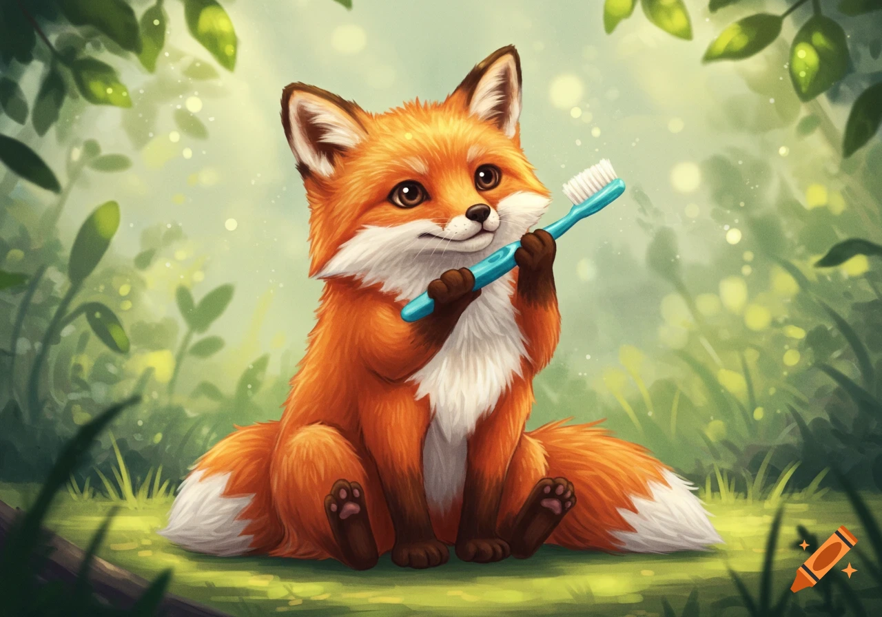 A cute, cartoonish orange fox sits in a magical forest, holding a blue toothbrush. Illustrated in a bright, whimsical style.