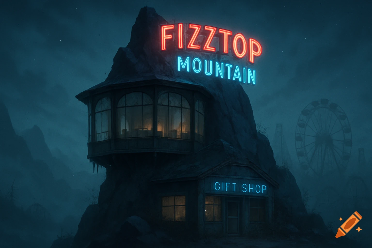 A dark, atmospheric image of a building built into a mountain with neon signs "FIZZTOP MOUNTAIN" and "GIFT SHOP". A ruined Ferris wheel is in the foggy background.