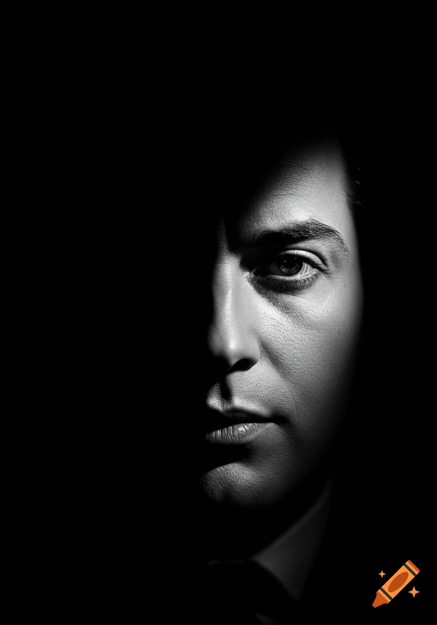 Close-up, high-contrast black and white portrait of a person's face, dramatically lit in film noir style with deep shadows.